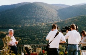 John Craven and the BBC camera crew filming on the terrace of La Torretta